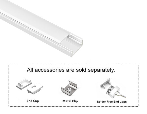 GL LED Slim Flat GLQ-1709 White Aluminum Channel with Milky Diffuser for LED strips. Accessories, including End Cap, Metal Clip, and Solder-Free End Caps, are displayed below (sold separately).