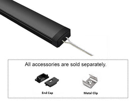 GL LED Slim Flat GLQ-1709 Black Aluminum Channel with solder-free LED Strip Light End Cap with Black Diffuser for LED strips. Accessories, including End Cap and Metal Clip, are displayed below (sold separately).