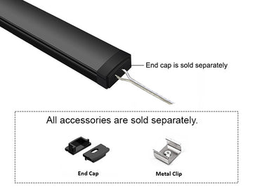 GL LED Slim Flat GLQ-1709 Black Aluminum Channel with solder-free LED Strip Light End Cap with Black Diffuser for LED strips. Accessories, including End Cap and Metal Clip, are displayed below (sold separately).