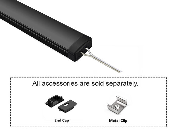 GL LED Slim Flat GLQ-1709 Black Aluminum Channel with solder-free LED Strip Light End Cap with Black Diffuser for LED strips. Accessories, including End Cap and Metal Clip, are displayed below (sold separately).