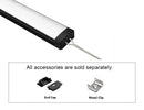 GL LED Slim Flat GLQ-1709 Black Aluminum Channel with solder-free LED Strip Light End Cap with Milky Diffuser for LED strips. Accessories, including End Cap and Metal Clip, are displayed below (sold separately).