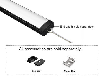 GL LED Slim Flat GLQ-1709 Black Aluminum Channel with solder-free LED Strip Light End Cap with Milky Diffuser for LED strips. Accessories, including End Cap and Metal Clip, are displayed below (sold separately).