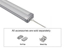 GL LED Slim Flat GLQ-1709 Silver Aluminum Channel with solder-free LED Strip Light End Cap with Clear Diffuser for LED strips. Accessories, including End Cap and Metal Clip, are displayed below (sold separately).