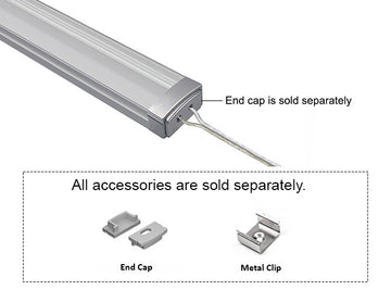 GL LED Slim Flat GLQ-1709 Silver Aluminum Channel with solder-free LED Strip Light End Cap with Clear Diffuser for LED strips. Accessories, including End Cap and Metal Clip, are displayed below (sold separately).