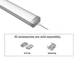 GL LED Slim Flat GLQ-1709 Aluminum Channel with solder-free LED Strip Light End Cap with Milky Diffuser for LED strips. Accessories, including End Cap and Metal Clip, are displayed below (sold separately).