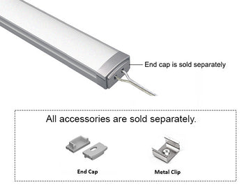 GL LED Slim Flat GLQ-1709 Aluminum Channel with solder-free LED Strip Light End Cap with Milky Diffuser for LED strips. Accessories, including End Cap and Metal Clip, are displayed below (sold separately).