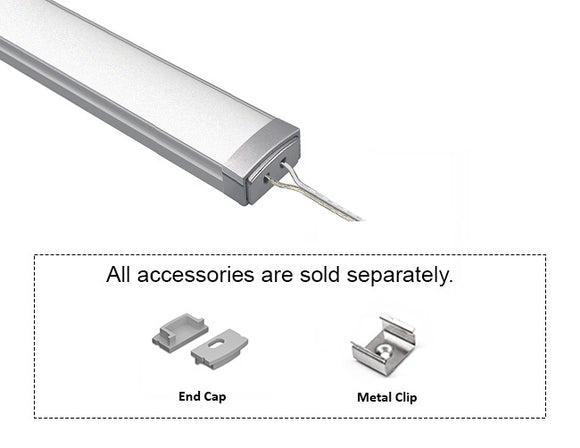 GL LED Slim Flat GLQ-1709 Aluminum Channel with solder-free LED Strip Light End Cap with Milky Diffuser for LED strips. Accessories, including End Cap and Metal Clip, are displayed below (sold separately).