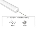 GL LED Slim Flat GLQ-1709 White Aluminum Channel with solder-free LED Strip Light End Cap with Milky Diffuser for LED strips. Accessories, including End Cap and Metal Clip, are displayed below (sold separately).