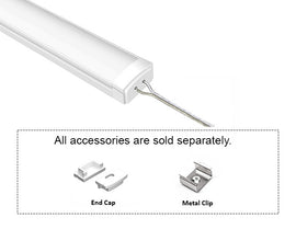 GL LED Slim Flat GLQ-1709 White Aluminum Channel with solder-free LED Strip Light End Cap with Milky Diffuser for LED strips. Accessories, including End Cap and Metal Clip, are displayed below (sold separately).