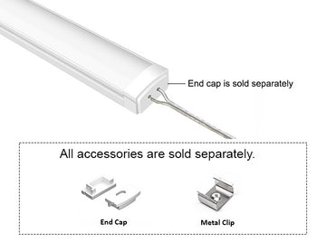 GL LED Slim Flat GLQ-1709 White Aluminum Channel with solder-free LED Strip Light End Cap with Milky Diffuser for LED strips. Accessories, including End Cap and Metal Clip, are displayed below (sold separately).