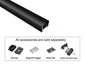 GL LED Slim Flat SL GLQ-1711 Black Aluminum Channel with Black Diffuser for LED strips, designed for subtle and elegant light diffusion in modern lighting installations. The durable anodized aluminum body offers superior heat dissipation and a sleek, professional appearance. Accessories, including End Cap, Magnetic Nugget, Metal Clip, and Solder-Free End Caps, are displayed below (sold separately).
