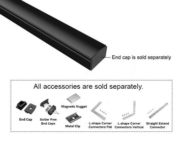 GL LED Slim Flat SL GLQ-1711 Black Aluminum Channel with Black Diffuser for LED strips, designed for subtle and elegant light diffusion in modern lighting installations. The durable anodized aluminum body offers superior heat dissipation and a sleek, professional appearance. Accessories, including End Cap, Magnetic Nugget, Metal Clip, and Solder-Free End Caps, are displayed below (sold separately).