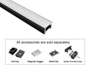 GL LED Slim Flat SL GLQ-1711 Black Aluminum Channel with Milky Diffuser for LED strips, designed for smooth and even light diffusion in modern lighting installations. The durable anodized aluminum body offers superior heat dissipation and a sleek, professional appearance. Accessories, including End Cap, Magnetic Nugget, Metal Clip, and Solder-Free End Caps, are displayed below (sold separately).