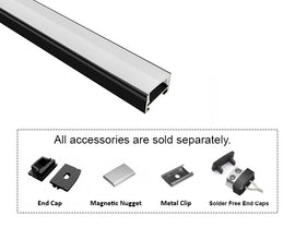 GL LED Slim Flat SL GLQ-1711 Black Aluminum Channel with Milky Diffuser for LED strips, designed for smooth and even light diffusion in modern lighting installations. The durable anodized aluminum body offers superior heat dissipation and a sleek, professional appearance. Accessories, including End Cap, Magnetic Nugget, Metal Clip, and Solder-Free End Caps, are displayed below (sold separately).