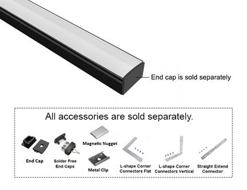 GL LED Slim Flat SL GLQ-1711 Black Aluminum Channel with Milky Diffuser for LED strips, designed for smooth and even light diffusion in modern lighting installations. The durable anodized aluminum body offers superior heat dissipation and a sleek, professional appearance. Accessories, including End Cap, Magnetic Nugget, Metal Clip, and Solder-Free End Caps, are displayed below (sold separately).