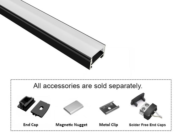 GL LED Slim Flat SL GLQ-1711 Black Aluminum Channel with Milky Diffuser for LED strips, designed for smooth and even light diffusion in modern lighting installations. The durable anodized aluminum body offers superior heat dissipation and a sleek, professional appearance. Accessories, including End Cap, Magnetic Nugget, Metal Clip, and Solder-Free End Caps, are displayed below (sold separately).