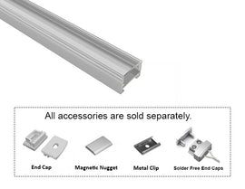 GL LED Slim Flat SL GLQ-1711 Silver Aluminum Channel with Clear Diffuser for LED strips, designed for precise light diffusion. The durable anodized aluminum body offers superior heat dissipation and a sleek, professional appearance. Accessories, including End Cap, Magnetic Nugget, Metal Clip, and Solder-Free End Caps, are displayed below (sold separately).