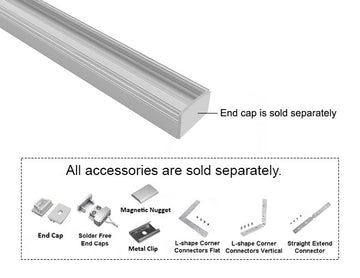 GL LED Slim Flat SL GLQ-1711 Silver Aluminum Channel with Clear Diffuser for LED strips, designed for precise light diffusion. The durable anodized aluminum body offers superior heat dissipation and a sleek, professional appearance. Accessories, including End Cap, Magnetic Nugget, Metal Clip, and Solder-Free End Caps, are displayed below (sold separately).