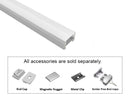 GL LED Slim Flat SL GLQ-1711 Silver Aluminum Channel with Milky Diffuser for LED strips, designed for smooth and even light diffusion in modern lighting installations. The durable anodized aluminum body offers superior heat dissipation and a sleek, professional appearance. Accessories, including End Cap, Magnetic Nugget, Metal Clip, and Solder-Free End Caps, are displayed below (sold separately).