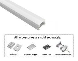 GL LED Slim Flat SL GLQ-1711 Silver Aluminum Channel with Milky Diffuser for LED strips, designed for smooth and even light diffusion in modern lighting installations. The durable anodized aluminum body offers superior heat dissipation and a sleek, professional appearance. Accessories, including End Cap, Magnetic Nugget, Metal Clip, and Solder-Free End Caps, are displayed below (sold separately).