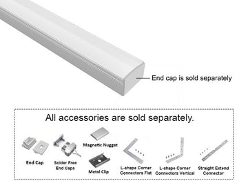 GL LED Slim Flat SL GLQ-1711 Silver Aluminum Channel with Milky Diffuser for LED strips, designed for smooth and even light diffusion in modern lighting installations. The durable anodized aluminum body offers superior heat dissipation and a sleek, professional appearance. Accessories, including End Cap, Magnetic Nugget, Metal Clip, and Solder-Free End Caps, are displayed below (sold separately).