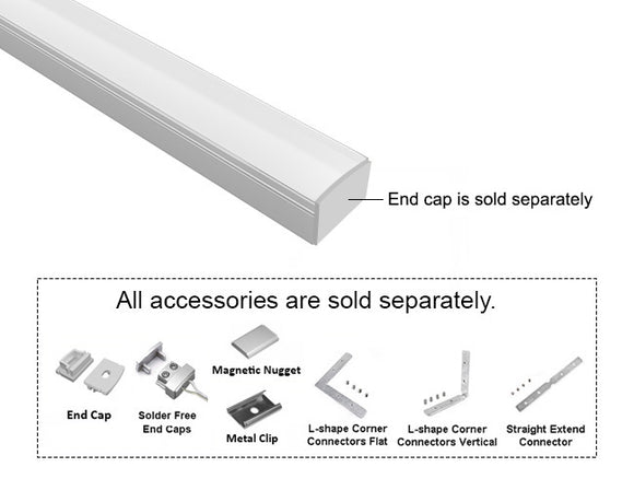 GL LED Slim Flat SL GLQ-1711 Silver Aluminum Channel with Milky Diffuser for LED strips, designed for smooth and even light diffusion in modern lighting installations. The durable anodized aluminum body offers superior heat dissipation and a sleek, professional appearance. Accessories, including End Cap, Magnetic Nugget, Metal Clip, and Solder-Free End Caps, are displayed below (sold separately).