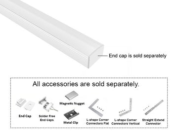 GL LED Slim Flat SL GLQ-1711 White Aluminum Channel with Milky Diffuser for LED strips, designed for soft and even light diffusion in modern lighting installations. The durable anodized aluminum body offers superior heat dissipation and a clean, professional appearance. Accessories, including End Cap, Magnetic Nugget, Metal Clip, and Solder-Free End Caps, are displayed below (sold separately).