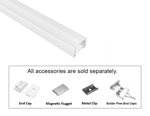 GL LED Slim Flat SL GLQ-1711 White Aluminum Channel with Milky Diffuser for LED strips, designed for soft and even light diffusion in modern lighting installations. The durable anodized aluminum body offers superior heat dissipation and a clean, professional appearance. Accessories, including End Cap, Magnetic Nugget, Metal Clip, and Solder-Free End Caps, are displayed below (sold separately).