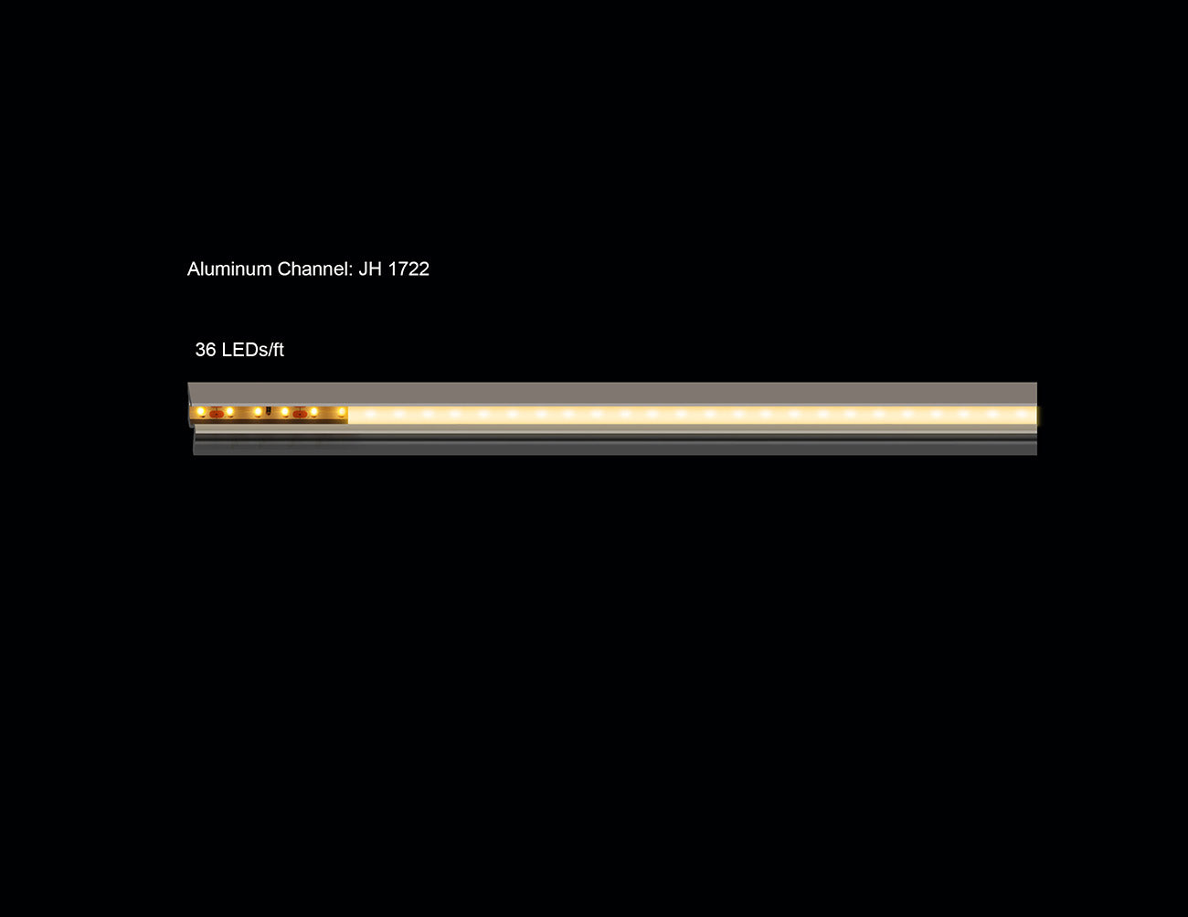 A section of LED aluminum channel JH-1722 with one line of lighted LED strip light inside.