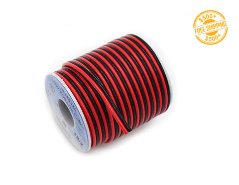 Side view of 20AWG DC 2 Conductor Wire - Red & Black, 200ft. A label of free shipping for orders over $500 is shown as well.