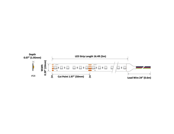 Dimensions for the Super Bright Series 24VDC low voltage RGB LED strip lights.