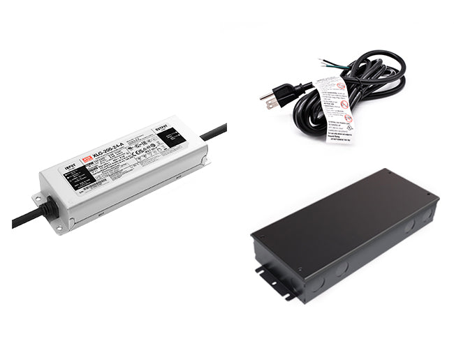 200W 24VDC LED driver with black three-prong power cord for line voltage and black junction box.