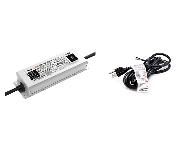 200W 24VDC LED driver with black three-prong power cord for line voltage.