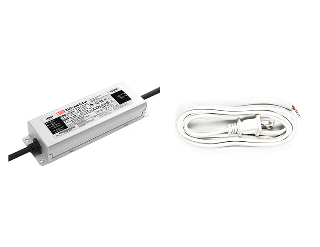 200W 24VDC LED power supply with white two-prong power cord.