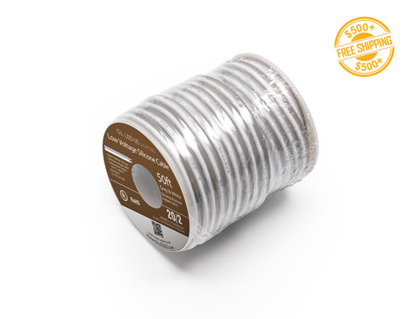 Side view of 20AWG DC 2 Conductor Silicone Wire - Grey & White, 50ft, 200ft or 500ft. A label of free shipping for orders over $500 is shown as well.