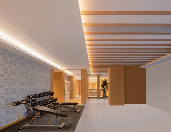 A 2700K dimmable COB high-voltage LED strip installed on the gym ceiling, providing soft and uniform warm white lighting to create a relaxing workout environment.

