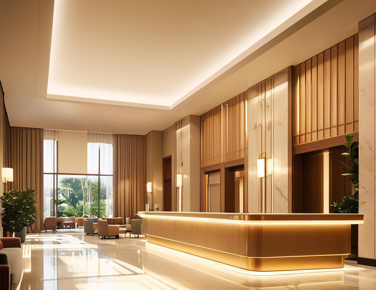 A 2700K flicker-free dimmable 120V high-voltage LED strip installed in the lobby ceiling, creating a soft and cozy warm white lighting environment.