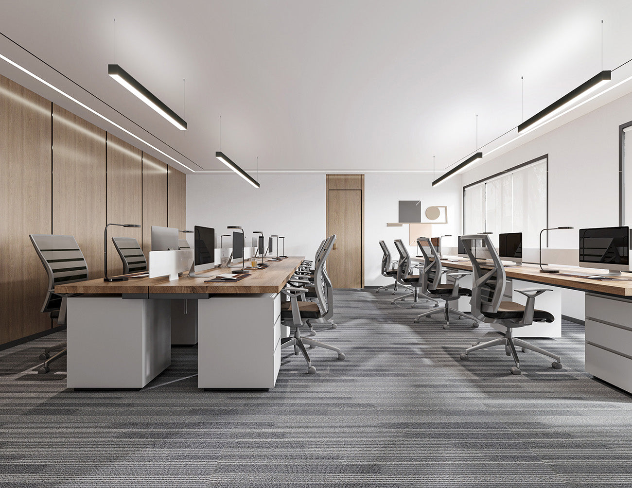 2ft LED linear lights with honeycomb lens installed in office, delivering soft up and down lighting