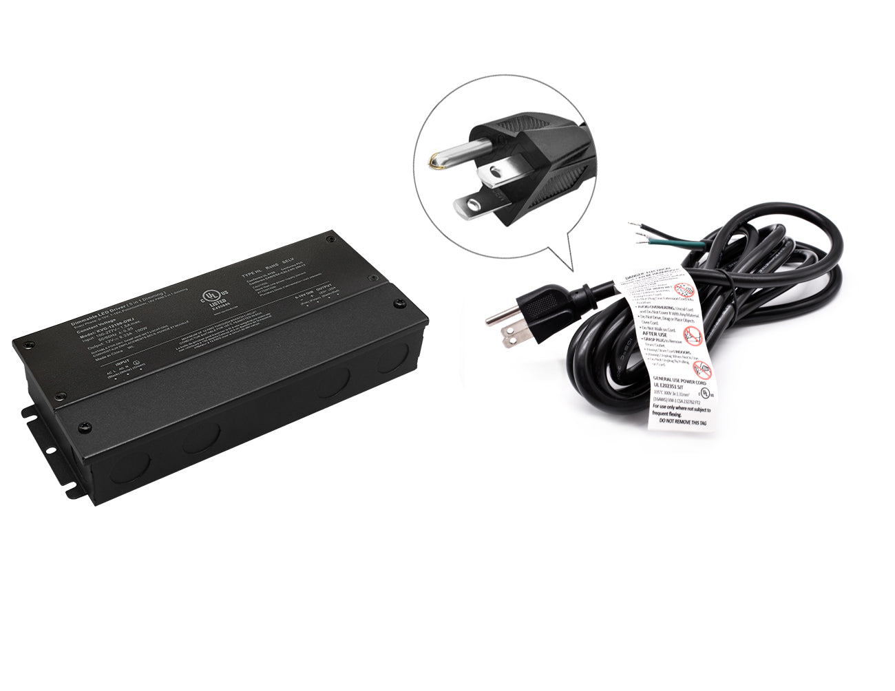 300W 24VDC dimmable LED driver with black three-prong power cord for line voltage.