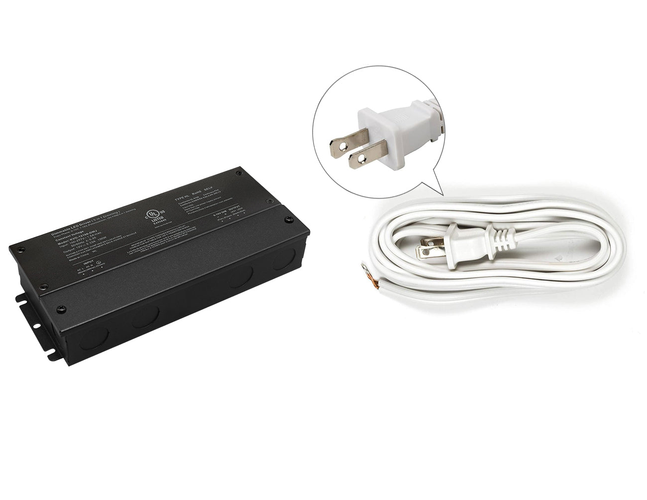 300W 24VDC dimmable LED transformer with white two-prong power cord for line voltage.
