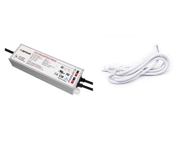 A 300W 12VDC LED driver with a white three-prong power cord for line voltage.