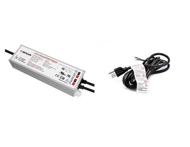 A 300W 12VDC transformer with a three-prong power cord to power LED strip light systems.