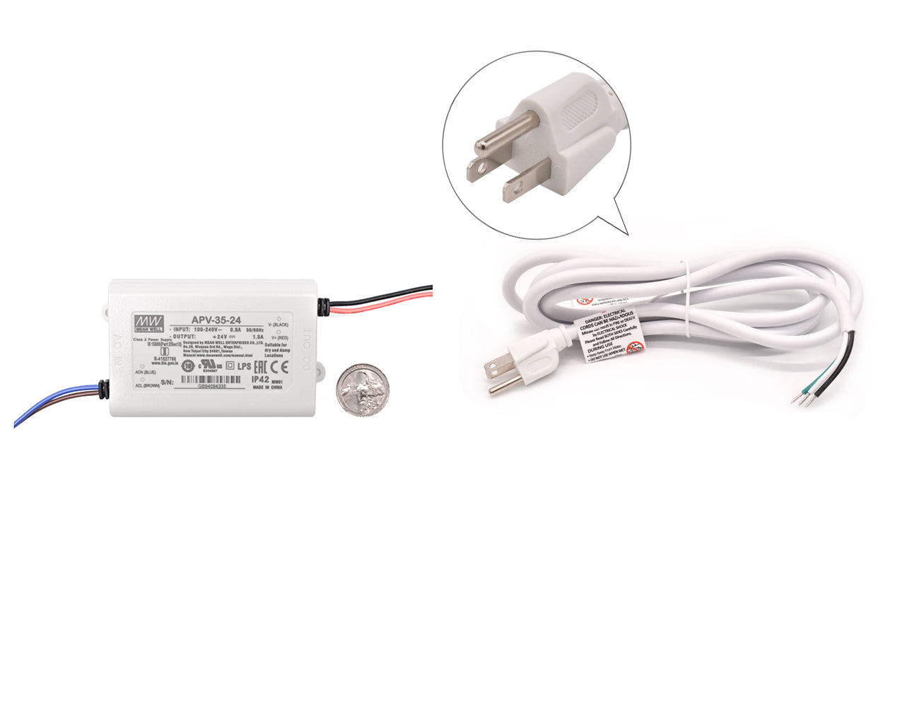 Mean Well 35W 24VDC driver with US quarter for size reference and white three-prong power cord for powering LED strip light systems.