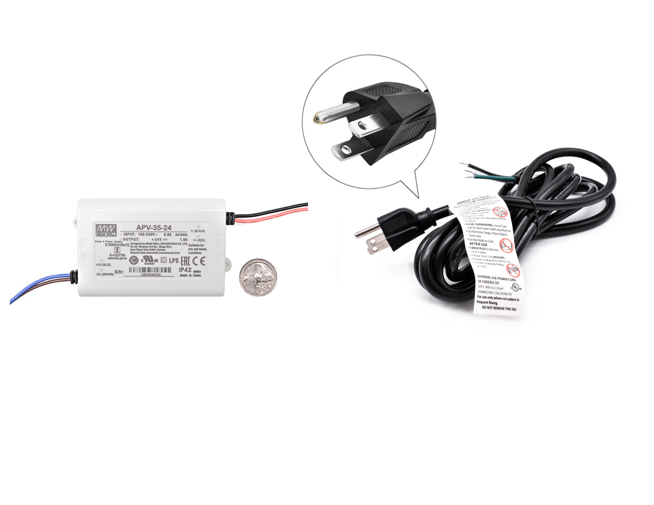 Mean Well 35W 24VDC LED transformer with a three-prong power cord and a US quarter for size reference.