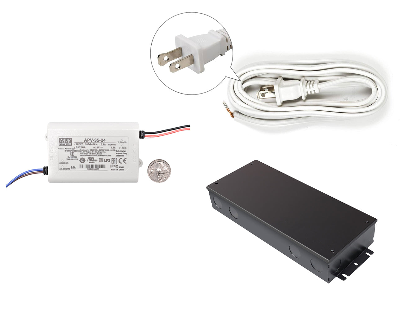 Mean Well 35W 24VDC LED power supply with black junction box, US quarter for size reference, and white two-prong power cord.