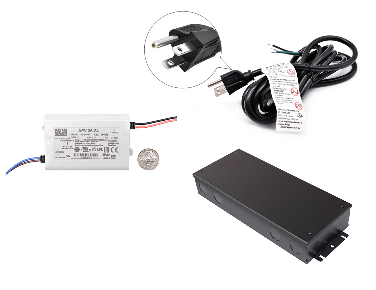 Mean Well 35W 24VDC LED power supply with a black three-prong power cord, US quarter for size reference, and black junction box.