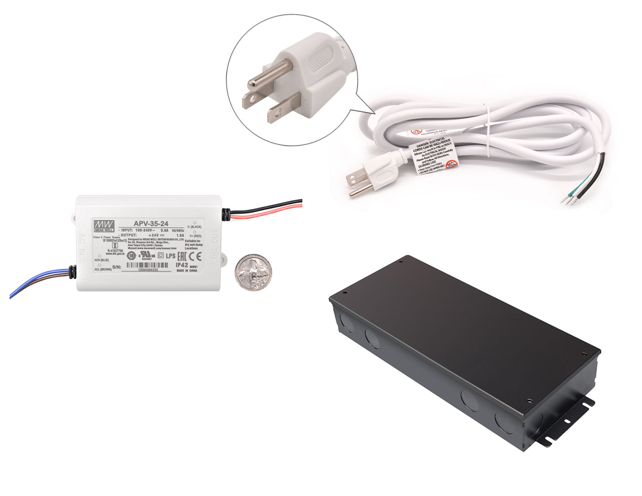 Mean Well 35W 24VDC LED power supply with black junction box, US quarter for size reference, and white three-prong power cord for line voltage.