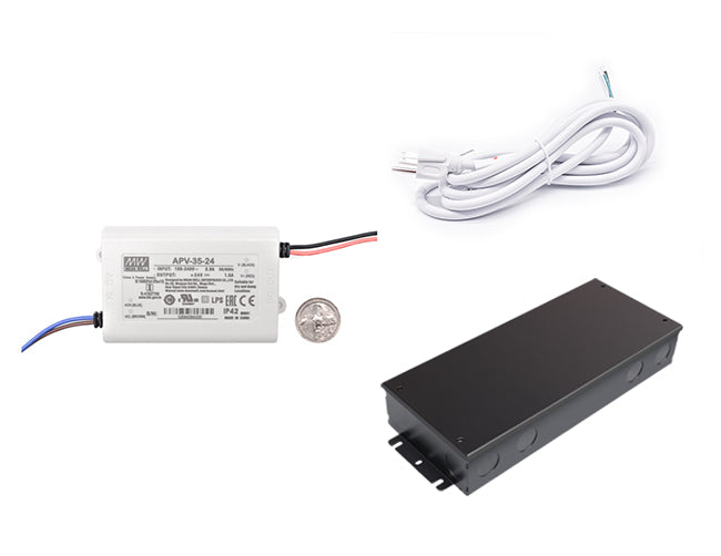 Mean Well 35W 24VDC LED power supply with black junction box, US quarter for size reference, and white three-prong power cord for line voltage.