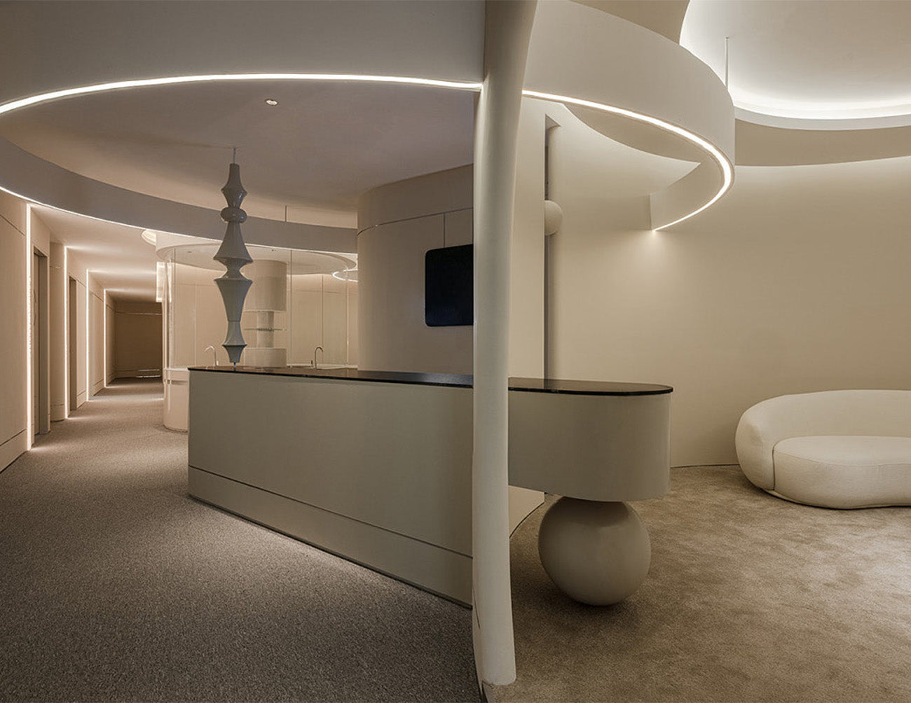 3D neon LED lights are used for lobby illumination.