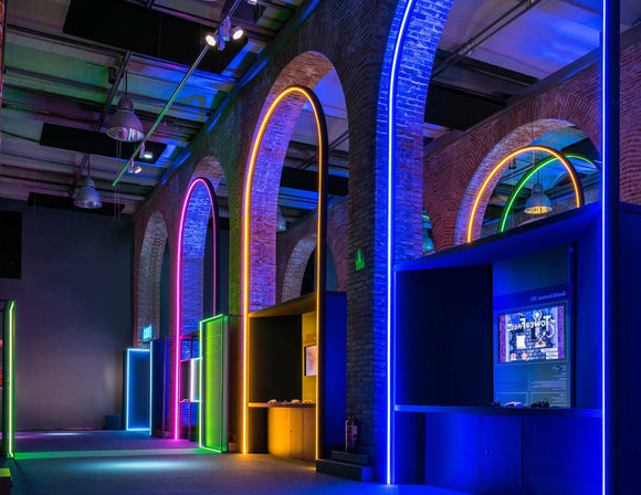 3D neon LED lights are used for hallway illumination.